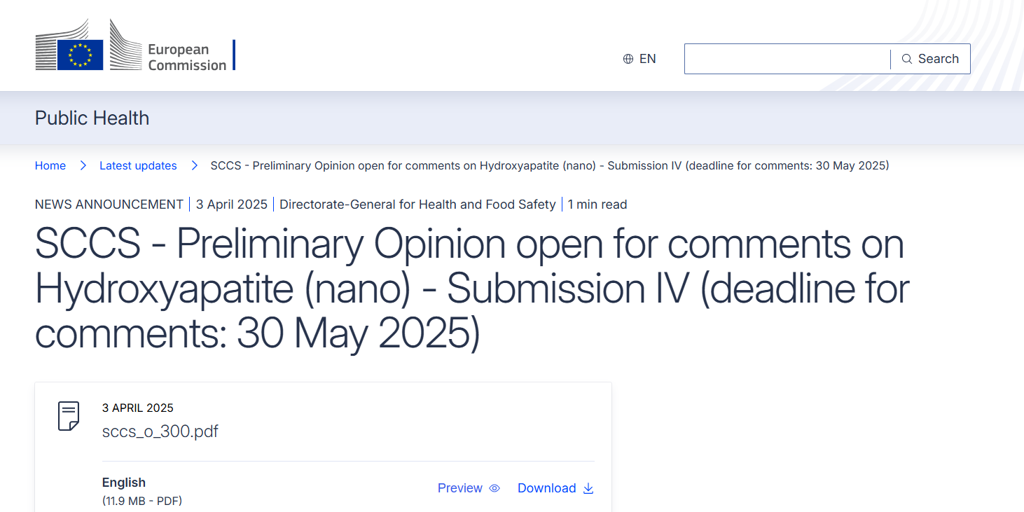 EU,Cosmetic,Ingredient,Preliminary,Opinion,Safety