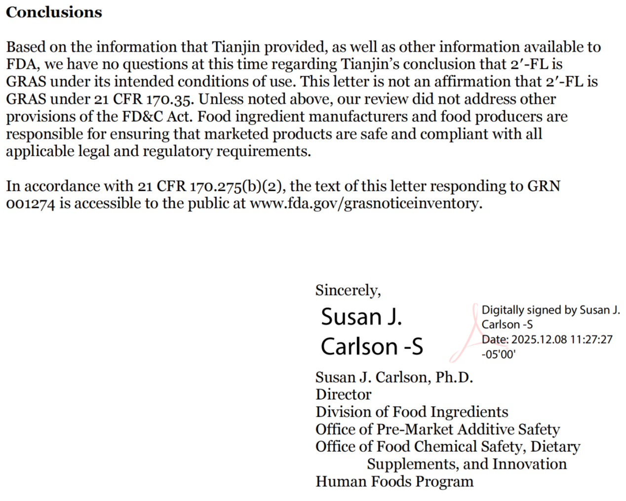 瑞旭集團,天津合生生物,2’-FL,中美雙重認證,中國食品營養強化劑,美國FDA GRAS