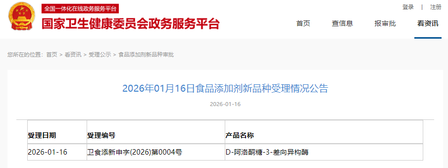 三新食品,受理動態,國家衛健委,D-阿洛酮糖-3-差向異構酶,食品添加劑,受理公告